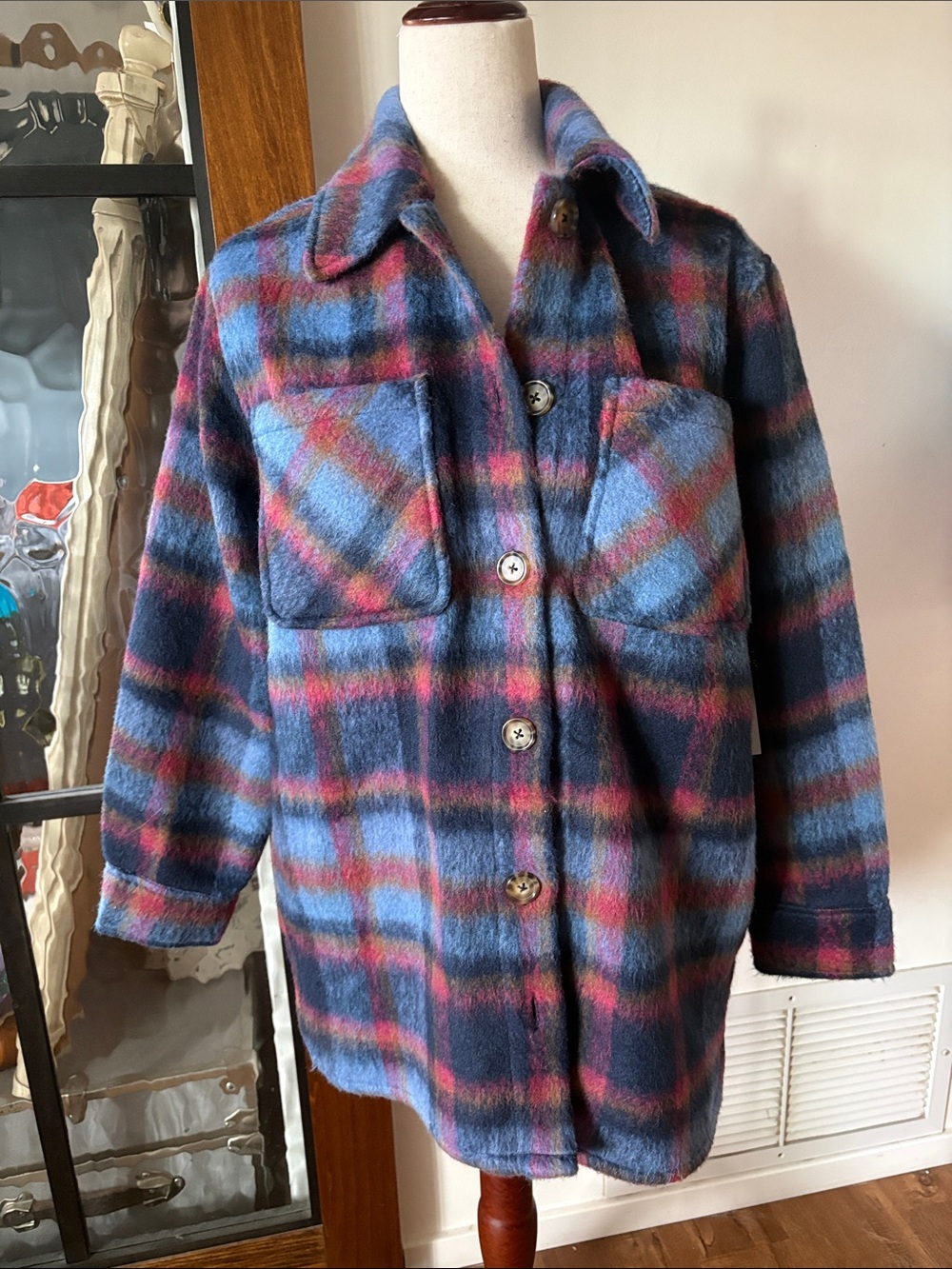 Fuzzy Plaid Coat with Collar, Button-down, and sleeves